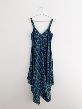 Oli Wide Leg Jumpsuit | Boho Blue Green Leaf Pattern | Handkerchief Hem | Size M